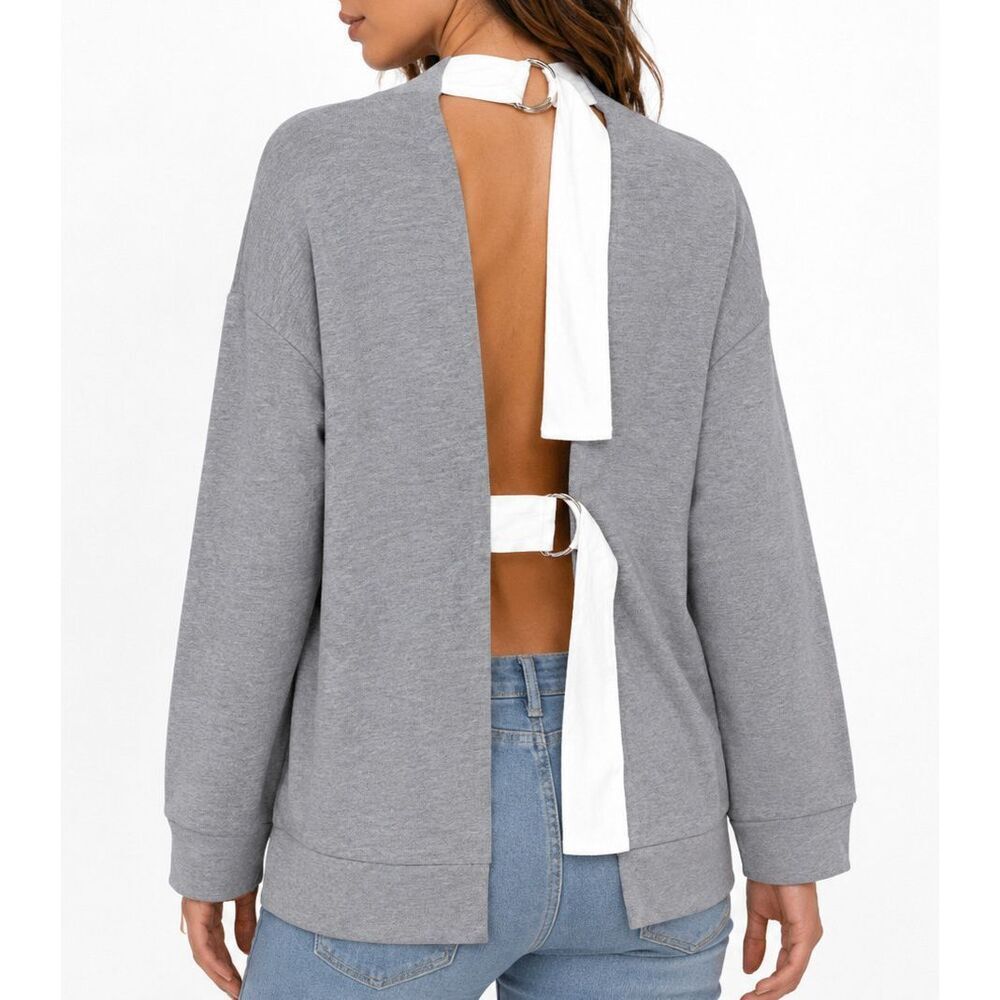 Errant Open Back Sweatshirt Womens Size M Gray Long Sleeve D-Ring Tie New $108